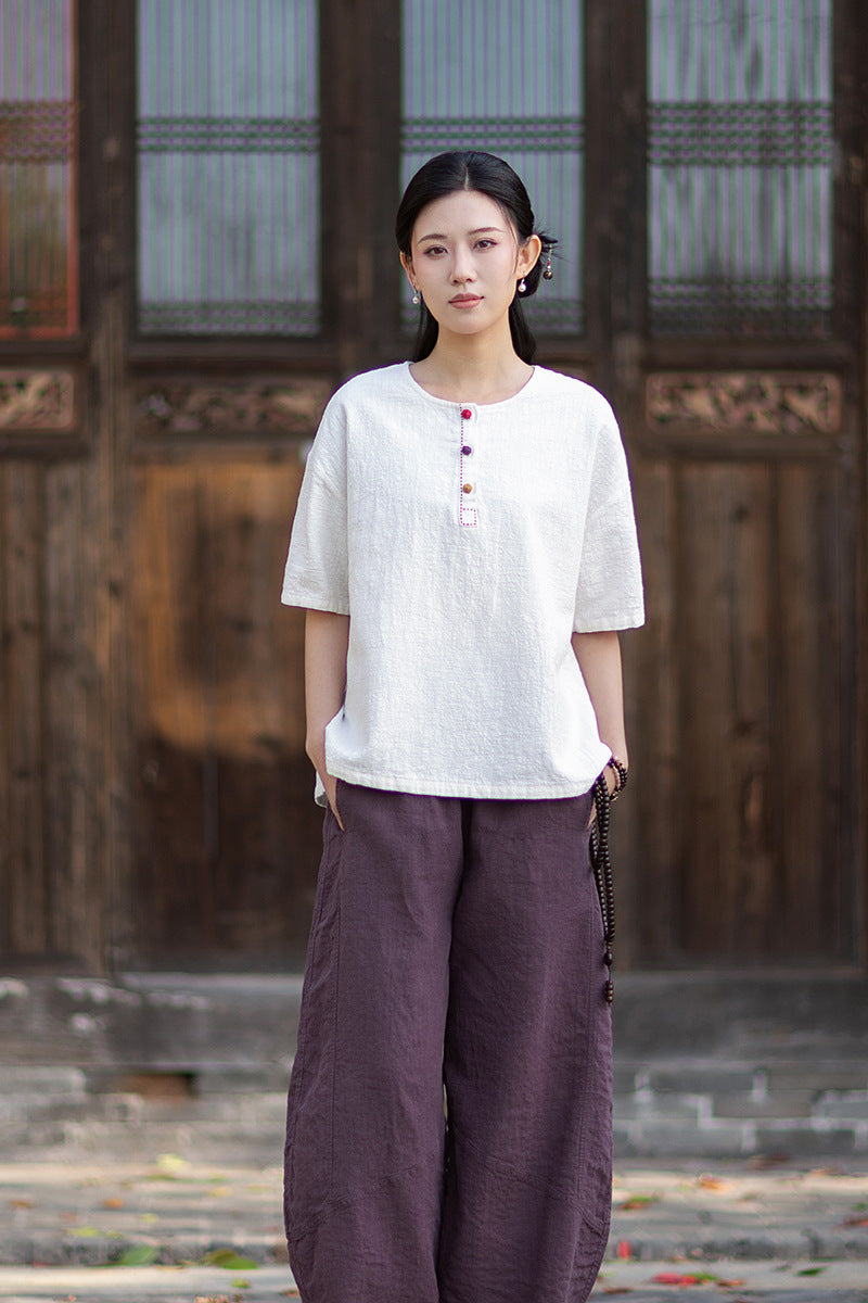 Round-Neck Chinese-Style Blouse: New Summer Style, Retro-Chic, Stitched Color-Blocking, Button-Front Short-Sleeve T-Shirt 20260511