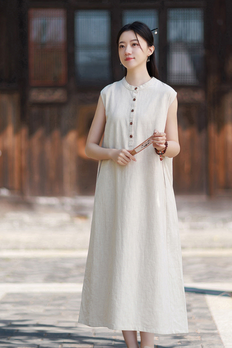 2026 Summer Women's Boho-Chic Dress: Loose-Fit, Sand-Washed Ramie Mid-Length Dress with a Zen-Inspired Aesthetic