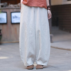 Summer loose linen wide leg pants, vintage elastic waist cotton straight leg pants