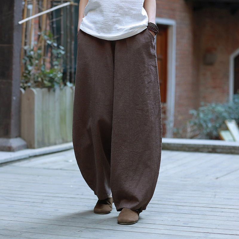 Summer loose linen wide leg pants, vintage elastic waist cotton straight leg pants