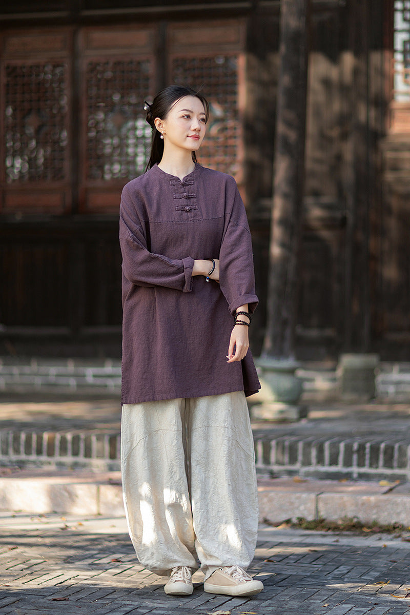 2026 Spring Retro Mandarin Collar Button-Down Cotton-Linen Blouse for Women: Chinese-Style Zen-Inspired Tea Ceremony Pullover, Ramie Stand-Up Collar Long-Sleeve Shirt