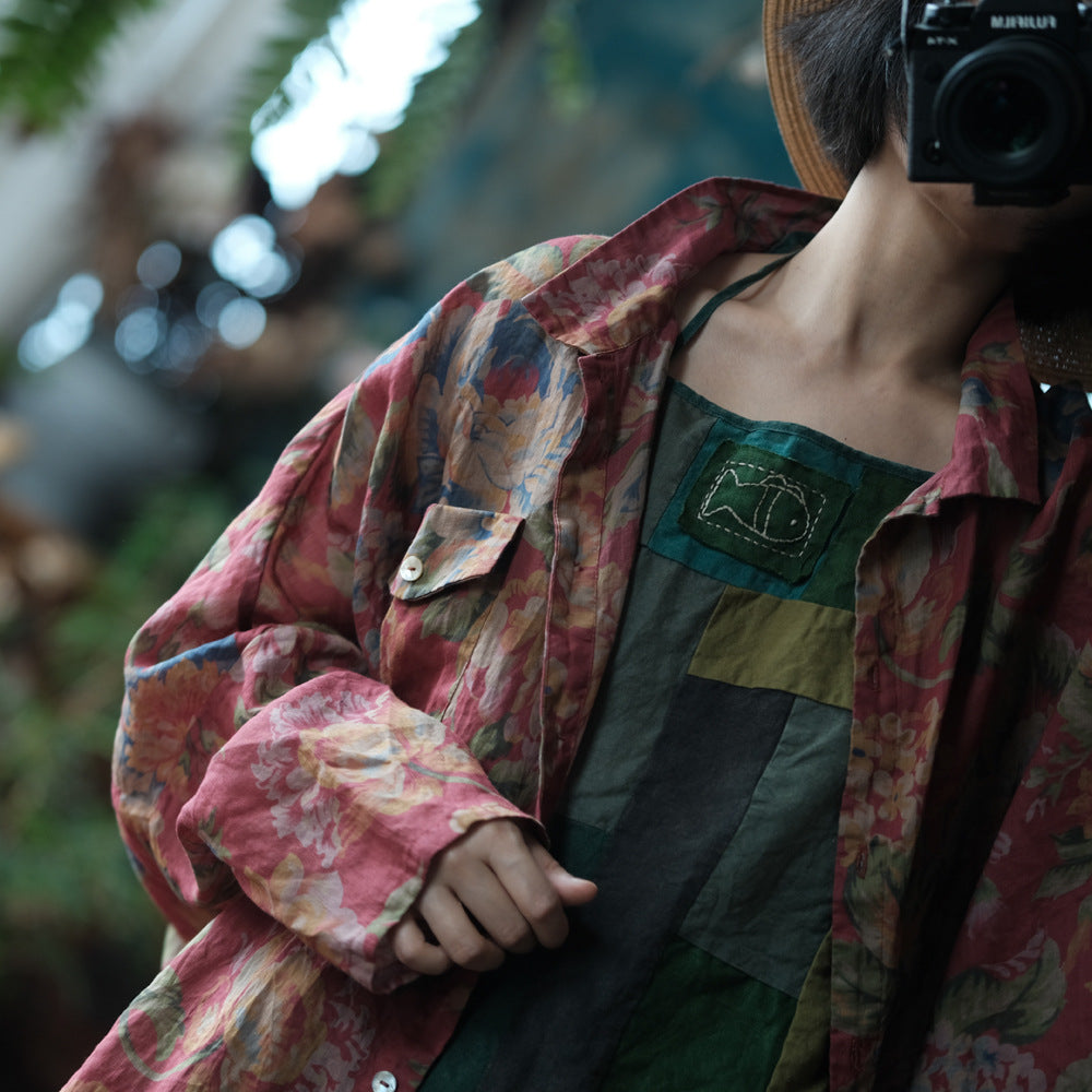 Vintage Digital Printed Pure Ramie Shirt, Summer Loose Casual Shirt 240621