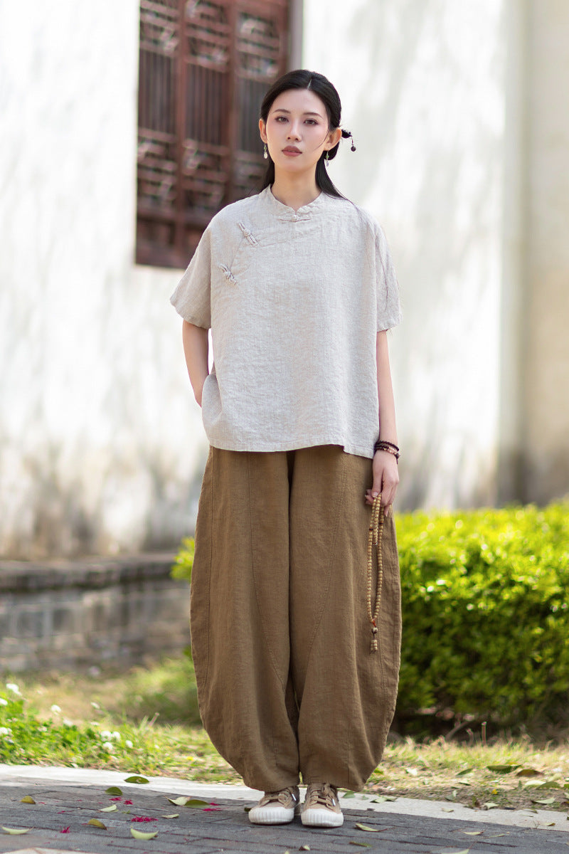 Women's Lightweight Linen Vintage-Style Summer Shirt, New Arrival: Zen-Inspired Stand-Up Collar with Button Closure 20260511