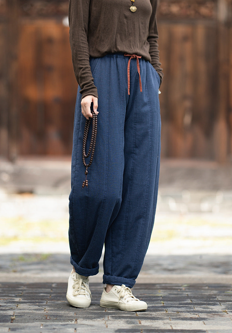 2026 Winter New Arrival: Ramie-Blend, Color-Blocked, Drawstring, Quilted, Thickened Cotton Pants—Versatile, Slimming, Loose-Fit Casual Pants