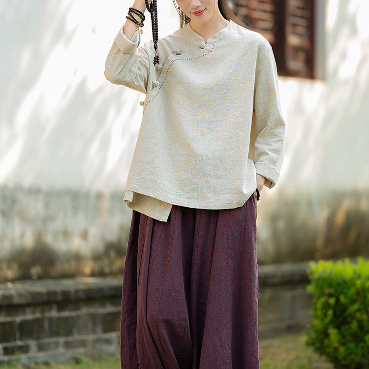 Women's Vintage Chinese Long Sleeve Cotton Linen Shirt with Embroidery Boat Neck Loose Casual Shirt 20240920