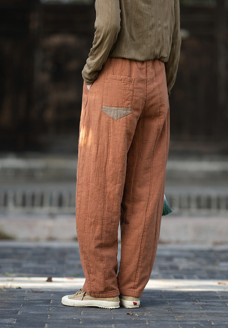 2026 Winter New Arrival: Ramie-Blend, Color-Blocked, Drawstring, Quilted, Thickened Cotton Pants—Versatile, Slimming, Loose-Fit Casual Pants