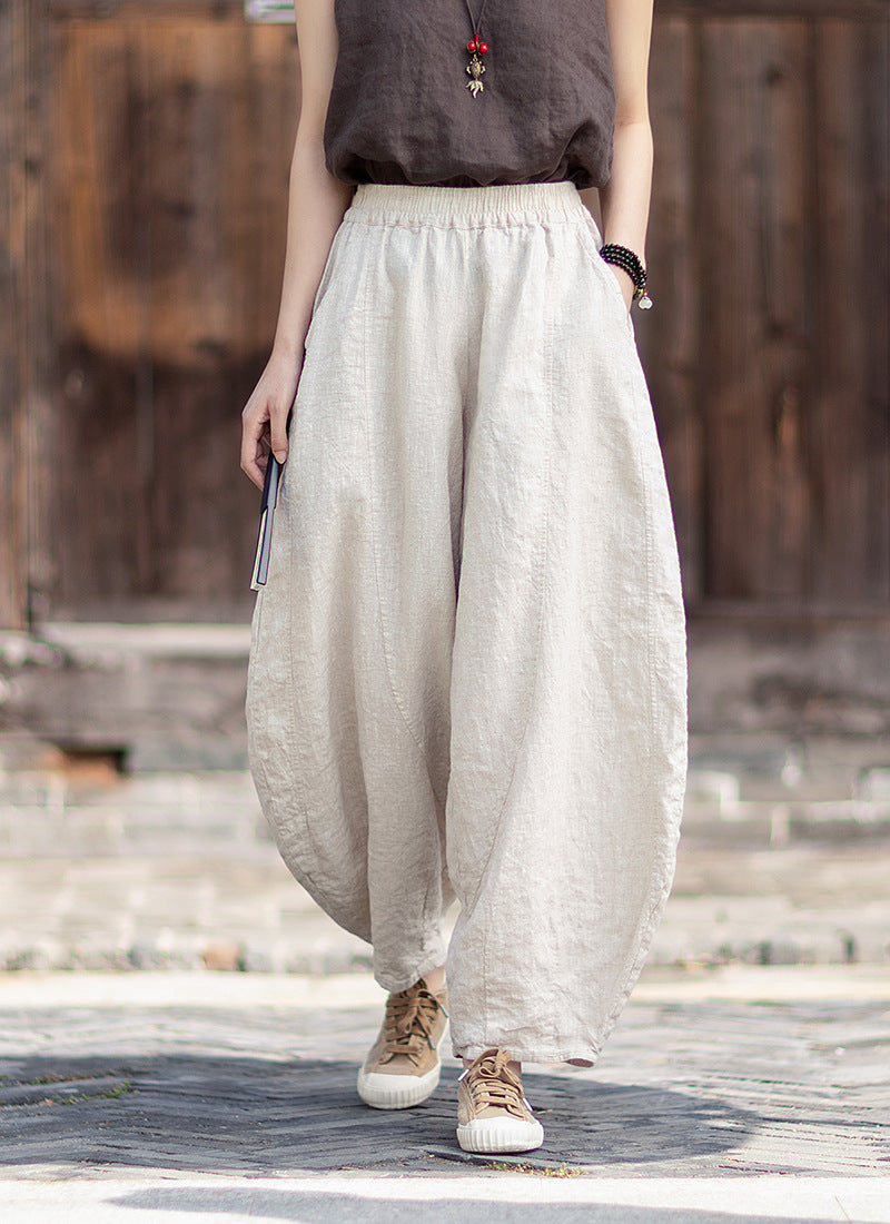 Women's Cotton-Linen Artistic Retro Loose Ramie Skirt-Pants – Versatile Relaxed-Fit Wide-Leg Pants with Elastic Waist – 20260511