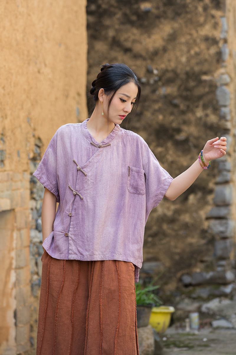 Women's Summer Chinese Short Sleeve Shirt, Vintage Cotton  Linen Casual Frog Button Shirt 20250604