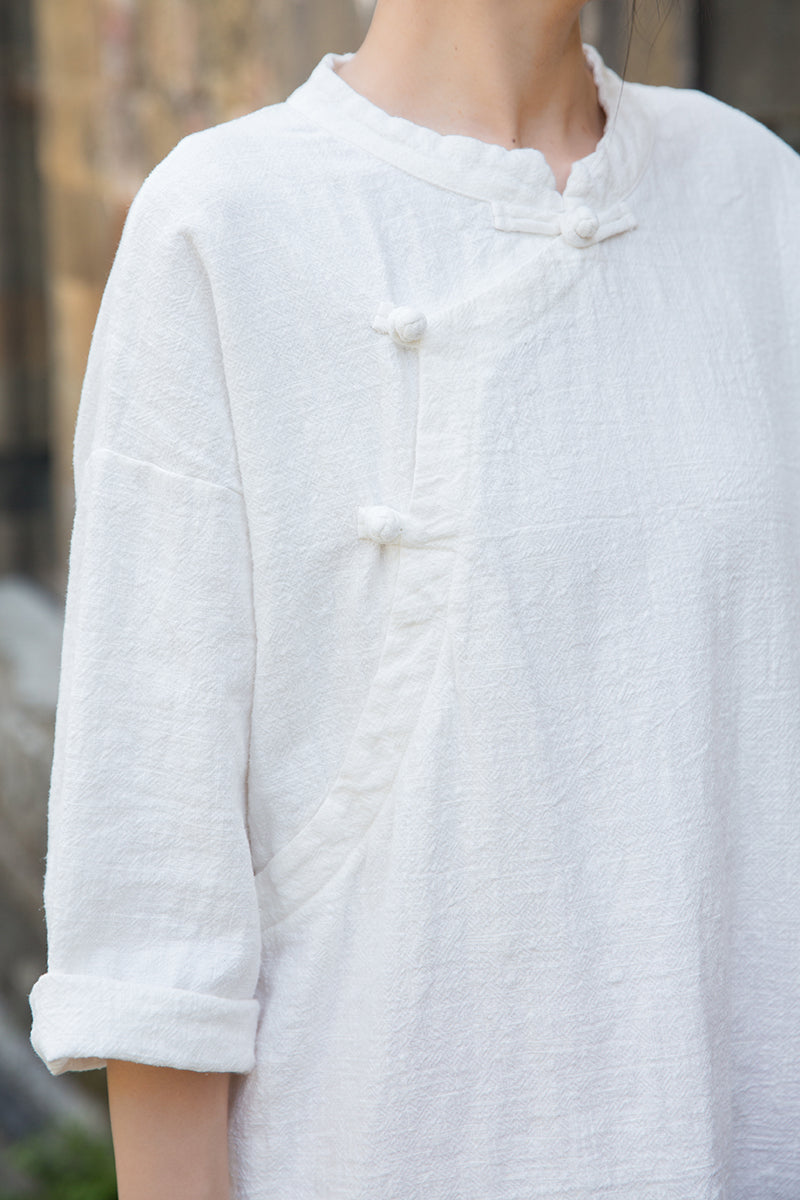Women's summer Chinese loose frog button cheongsam, retro cotton  linen casual long shirt20250604