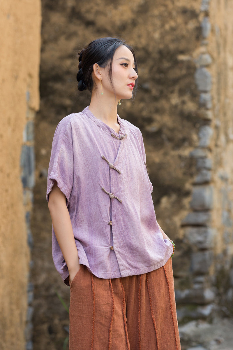 Women's Summer Chinese Short Sleeve Shirt, Vintage Cotton  Linen Casual Frog Button Shirt 20250604