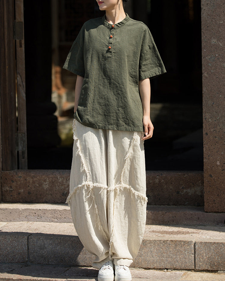 Summer Cotton Chinese t-shirt,cotton linen Washed Plate Button Women's Short Sleeve T-Shirt 20240714