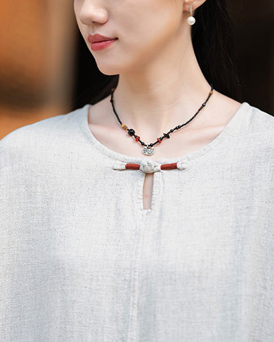 Frog button V-neck patchwork cotton  linen T-shirt, summer Chinese retro women sandwashed loose cotton  linen T-shirt 20240728