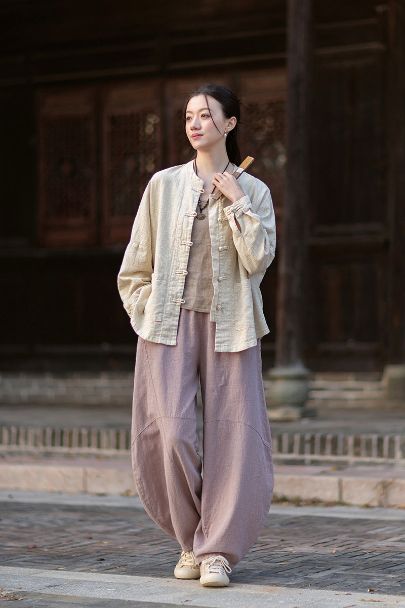 2026 New Arrival: Women's Long-Sleeve Cotton-Linen Blouse, Loose-Fit Chinese-Style Stand-Up Collar with Button-Down Front