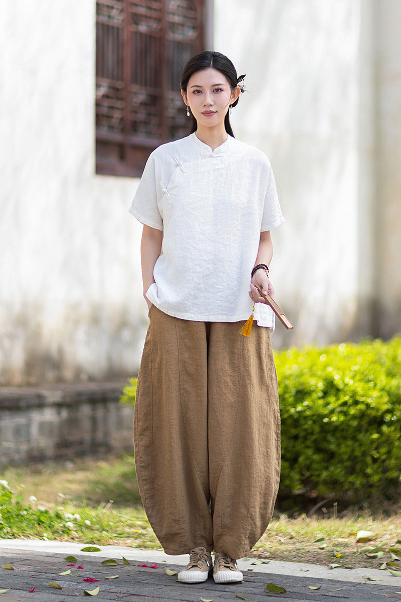 Women's Lightweight Linen Vintage-Style Summer Shirt, New Arrival: Zen-Inspired Stand-Up Collar with Button Closure 20260511