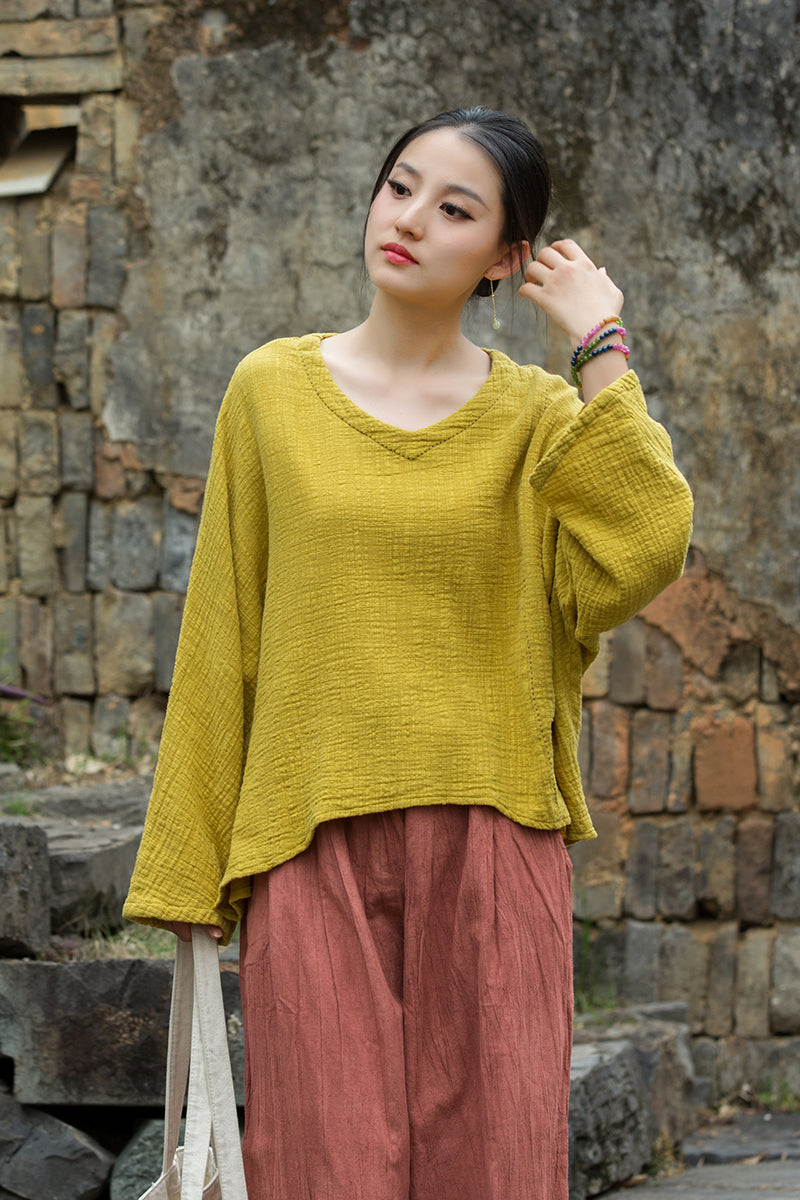 Vintage Summer Chinese Boat Collar Long Sleeve Shirt, Cotton  Linen Washed Frog Long T-Shirt 20250604
