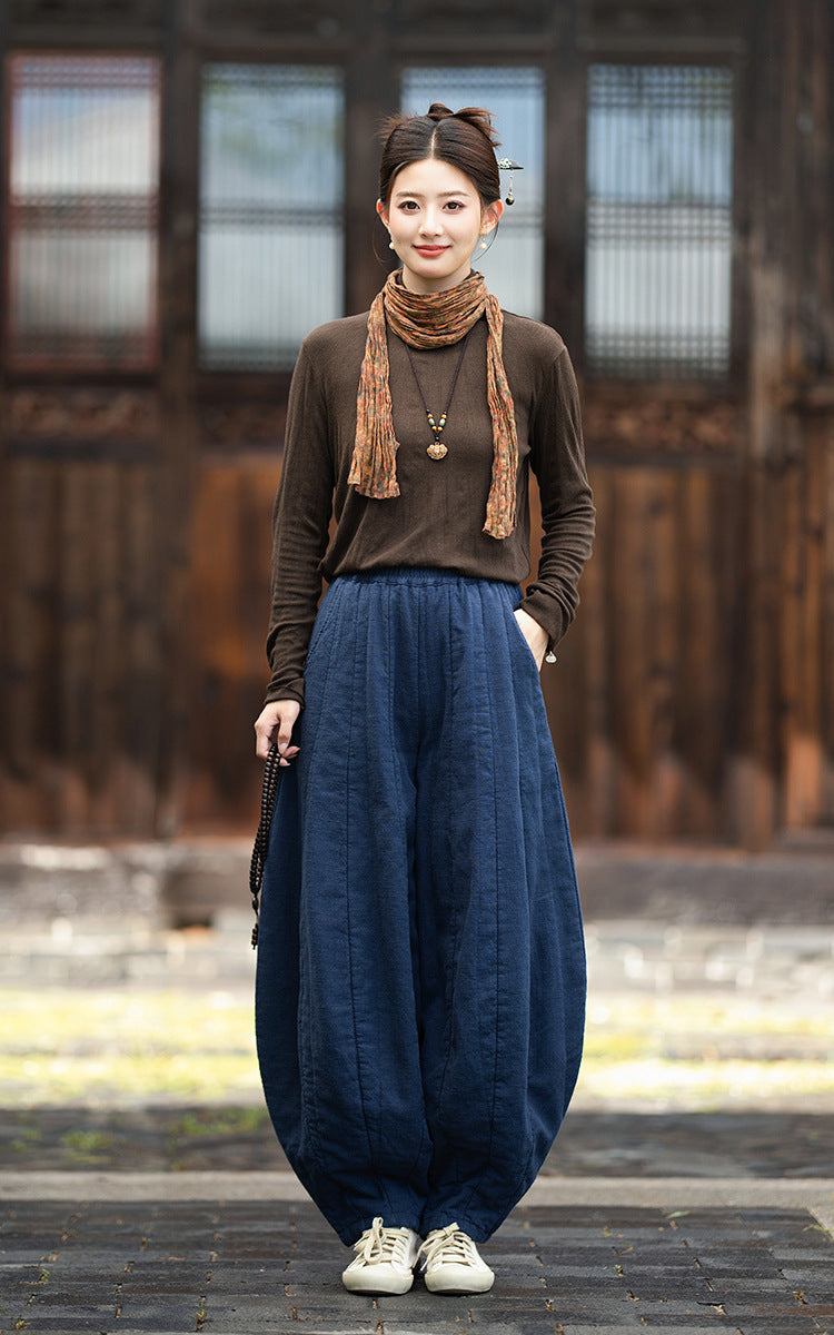 2026 Original New Arrival: Winter Ramie-Cotton Sandwashed Distressed Patchwork Pumpkin-Colored Women's Harem Pants