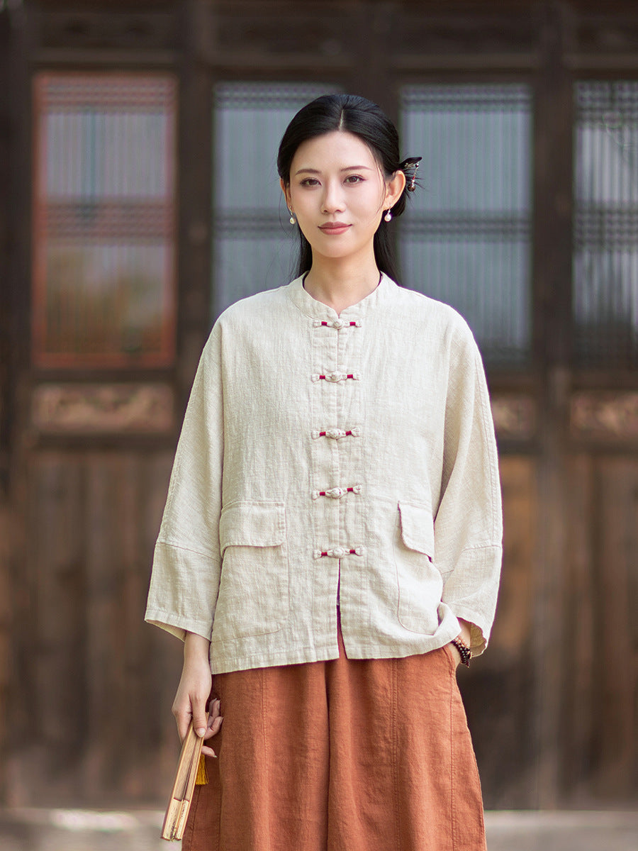 New Chinese-Style Loose-Fit Women's Shirt: Ramie Distressed Mandarin-Collared Modified Tang-Style Cardigan 20260511
