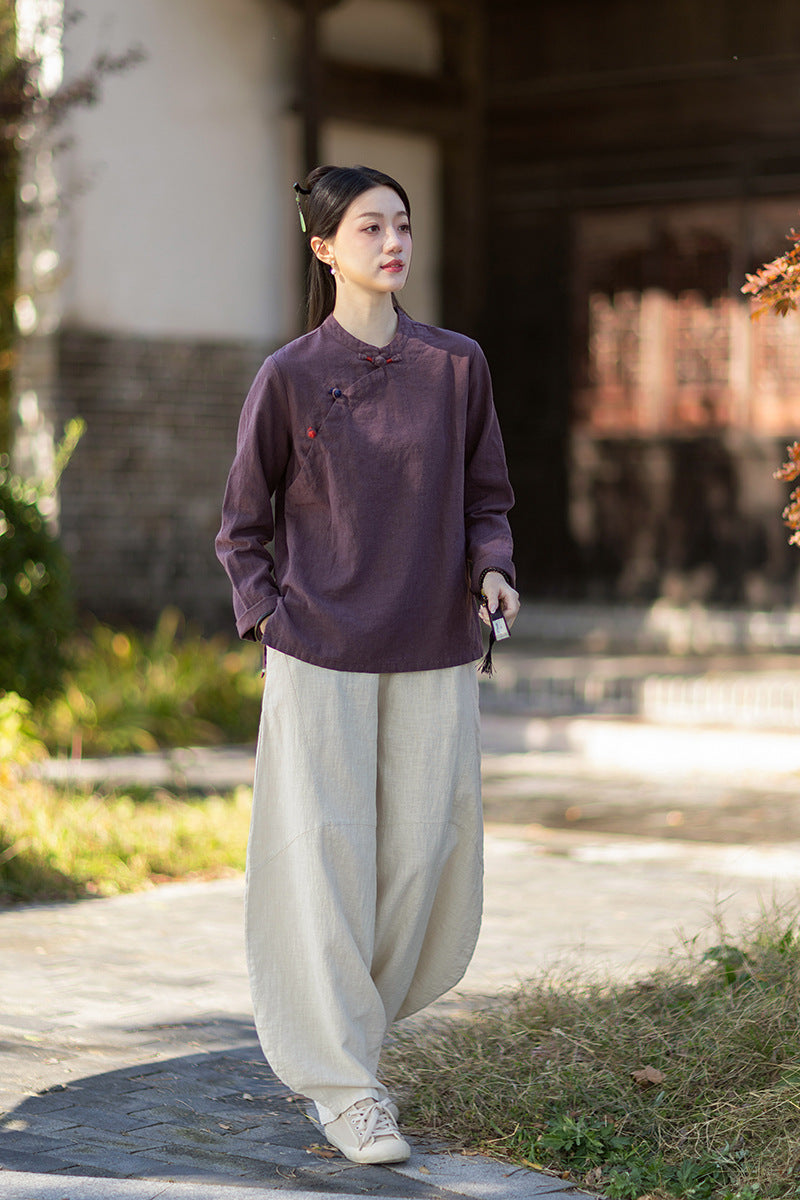 2026 Spring New Arrival: Original Cotton-Linen Women's Chinese-Style Stand-Collar Top, Tea Ceremony-Style Women's Diagonal-Placket Color-Blocked Button-Down Shirt
