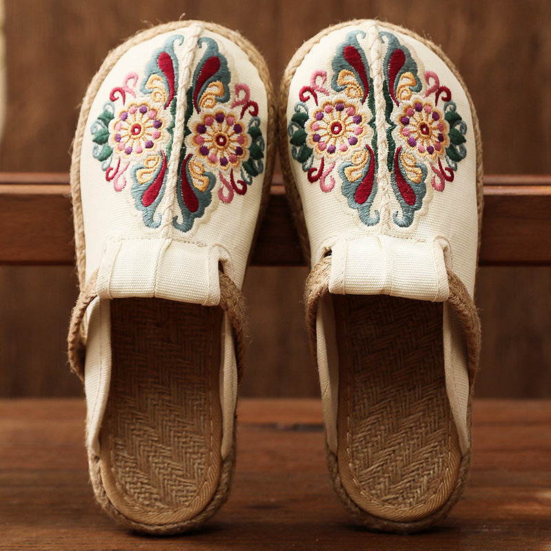 Vintage Summer Flower Embroidery Slippers, Vintage Handmade Cotton Linen shoes, Chinese Casual Cotton Linen Slippers