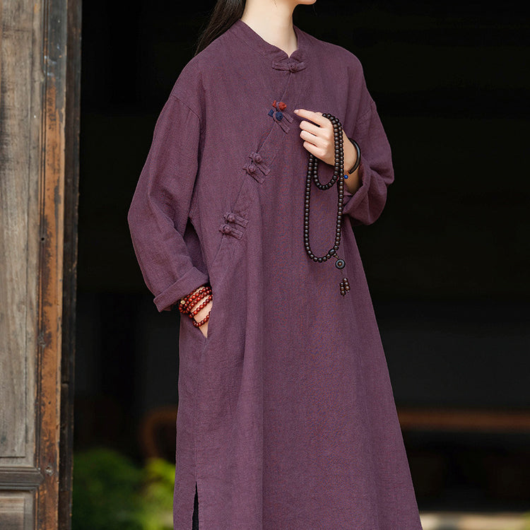 Women's Vintage Chinese Frog Button Long Sleeve Cotton and Linen Long Shirt, Standing Collar Loose Cotton and Linen Jacket 20240920