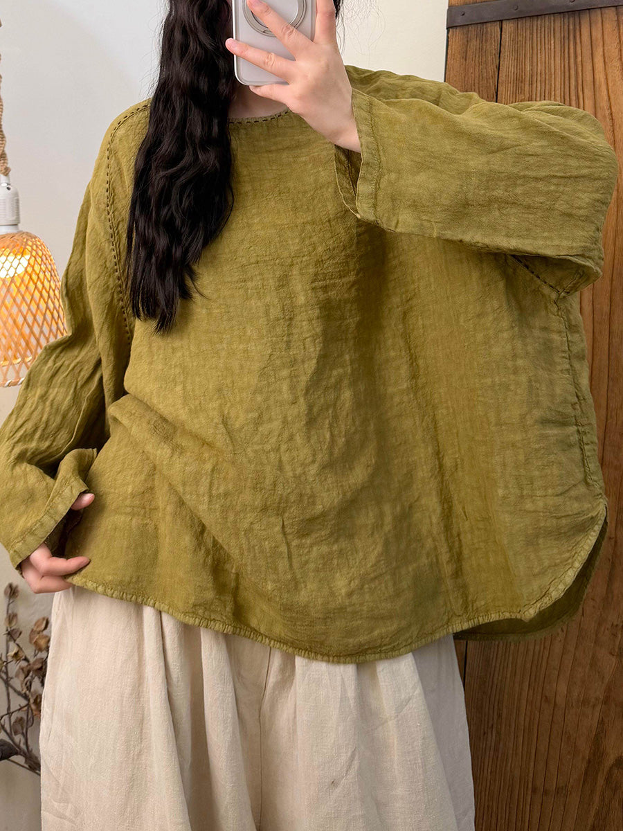 Women's Summer Loose-Fit Casual Linen Blouse with Hand-Embroidery