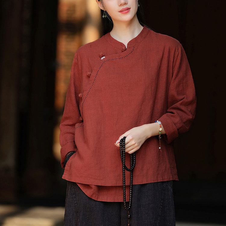 Women's Vintage Chinese Long Sleeve Cotton Linen Shirt with Embroidery Boat Neck Loose Casual Shirt 20240920
