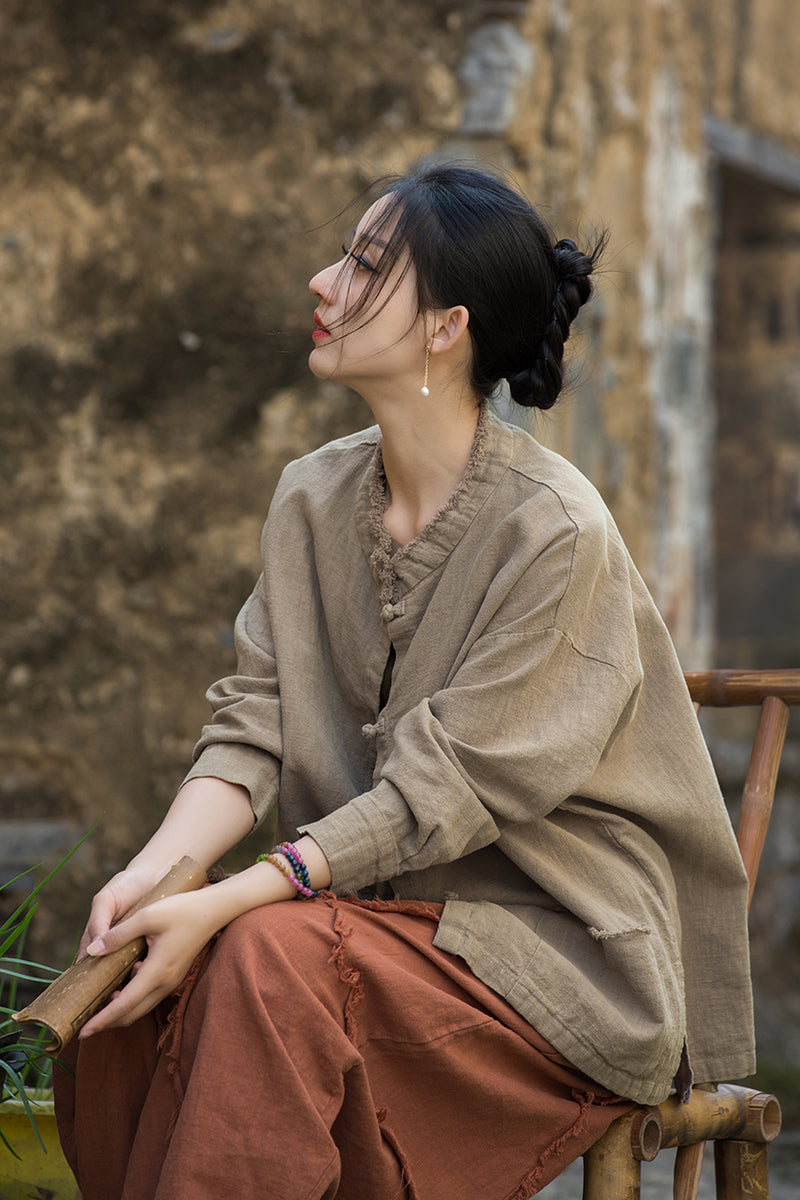 Vintage summer Chinese long sleeve shirt, cotton and linen washed and brushed frog button shirt 20250604