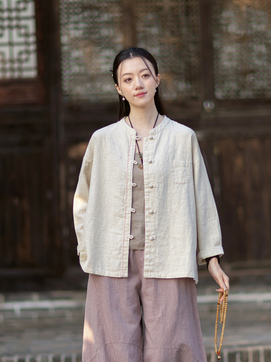 2026 Spring Cotton-Linen Women's New Chinese-Style Ramie Blouse, Loose-Fitting Cotton-Linen Button-Down Shirt with Chinese-Style Buttons, Modernized Tang-Style Jacket