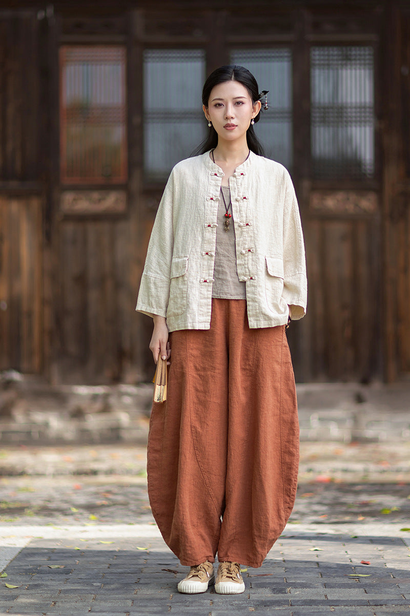 New Chinese-Style Loose-Fit Women's Shirt: Ramie Distressed Mandarin-Collared Modified Tang-Style Cardigan 20260511