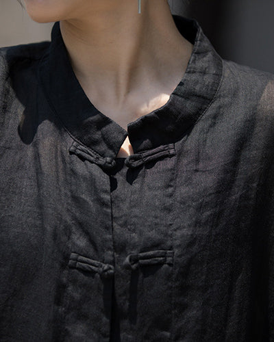 Summer Ramie Chinese Standing Collar Shirt,Sand Washed Frog Button Women's Long Sleeve Shirt 20240714