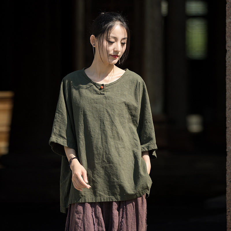 Summer Cotton Chinese t-shirt,Ramie Sand Washed Plate Button Women's Short Sleeve T-Shirt 20240714