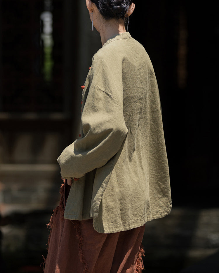 Summer cotton linen Chinese stand-up collar shirt, sandwashed frog button women's long-sleeved shirt 20240714