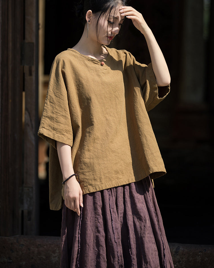 Summer Cotton Chinese t-shirt,Ramie Sand Washed Plate Button Women's Short Sleeve T-Shirt 20240714