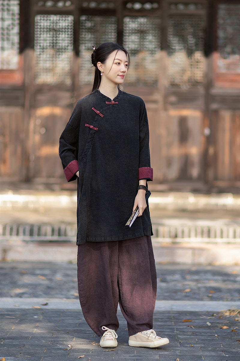 2026 Spring New Arrival: Retro Cotton-Linen Chinese-Style Stand-Collar, Color-Blocked, Button-Fastened, Wrap-Front Blouse for Women – Zen Tea Attire