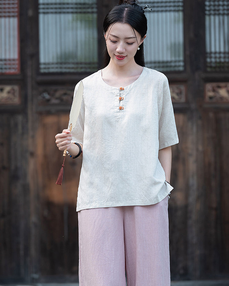 Frog Button Cotton  Linen Shirt, Summer Chinese Vintage Women Sandwashed Cotton  Linen T-shirt 20240728