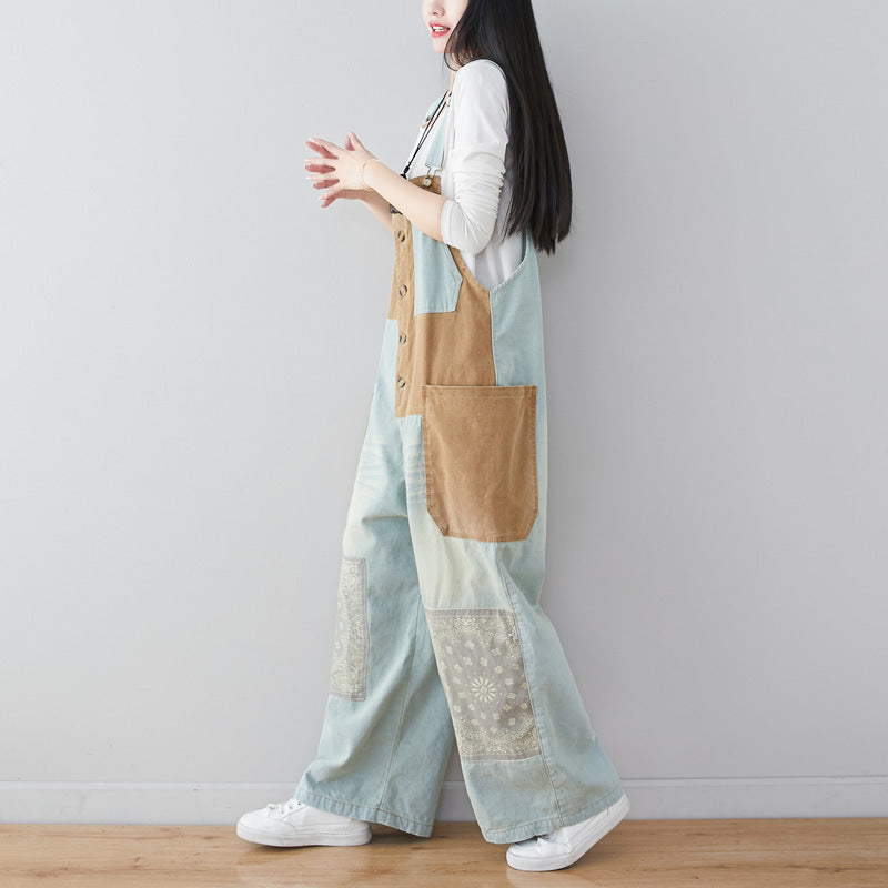 Patchwork Printed Cotton Overalls,Women's Denim Overalls,Stonewashed Loose Overalls