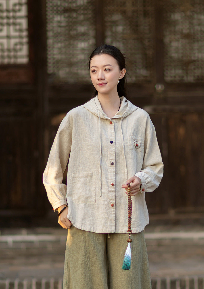 2026 Spring New Arrival: Oversized Casual Hooded Color-Blocked Button-Down Shirt, Women's Sandwashed Cotton-Linen Jacket