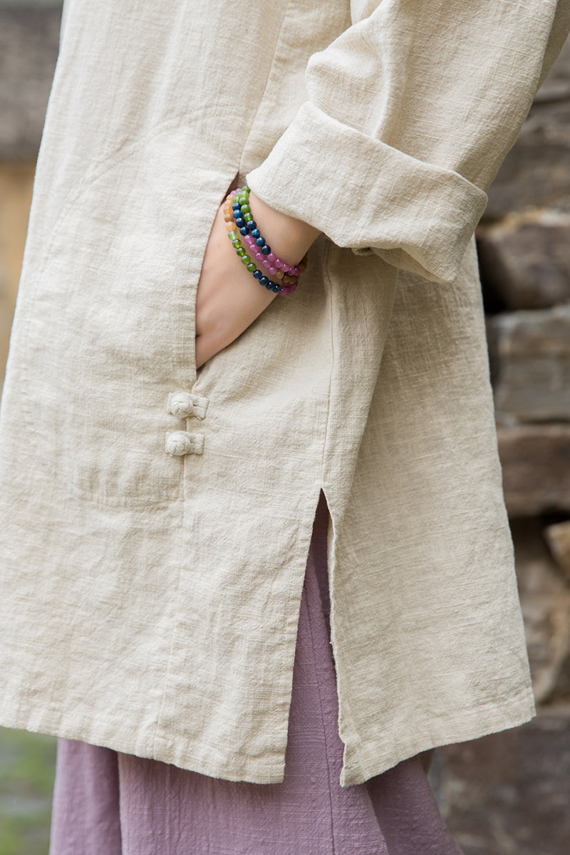 Vintage Summer Chinese Boat Collar Long Sleeve Shirt, Cotton  Linen Washed Frog Long T-Shirt 20250604