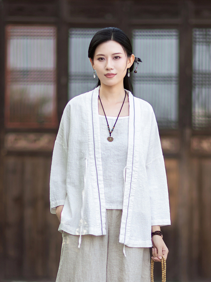 New Cotton-Linen Women's Vintage Zen-Inspired Ramie Tapered-Sleeve Tie-Front Cardigan, Loose-Fit Chinese-Style Jacket 20260511