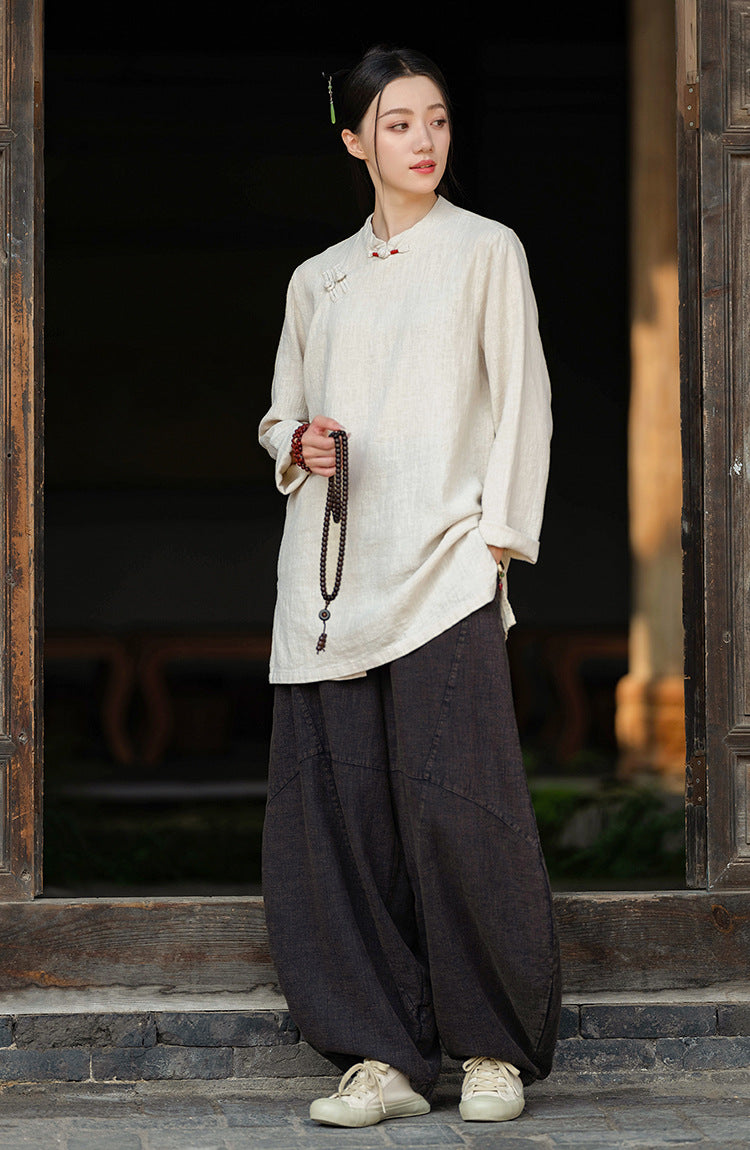 2026 Spring New Arrival: Retro Cotton-Linen Chinese-Style Stand-Collar, Color-Blocked, Button-Fastened, Wrap-Front Blouse for Women – Zen Tea Attire