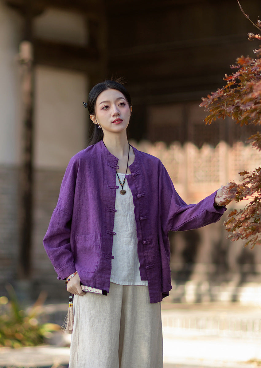 2026 New Arrival: Women's Long-Sleeve Cotton-Linen Blouse, Loose-Fit Chinese-Style Stand-Up Collar with Button-Down Front