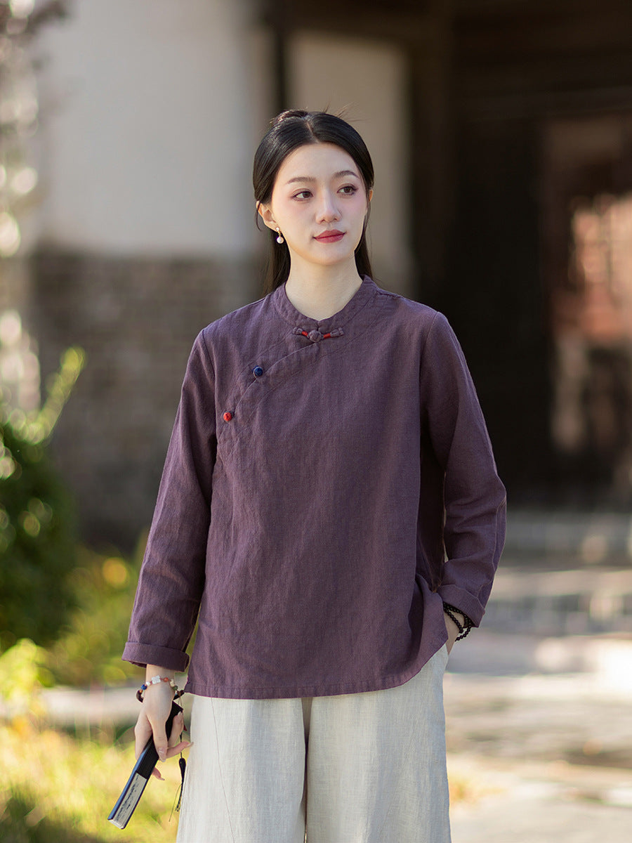 2026 Spring New Arrival: Original Cotton-Linen Women's Chinese-Style Stand-Collar Top, Tea Ceremony-Style Women's Diagonal-Placket Color-Blocked Button-Down Shirt