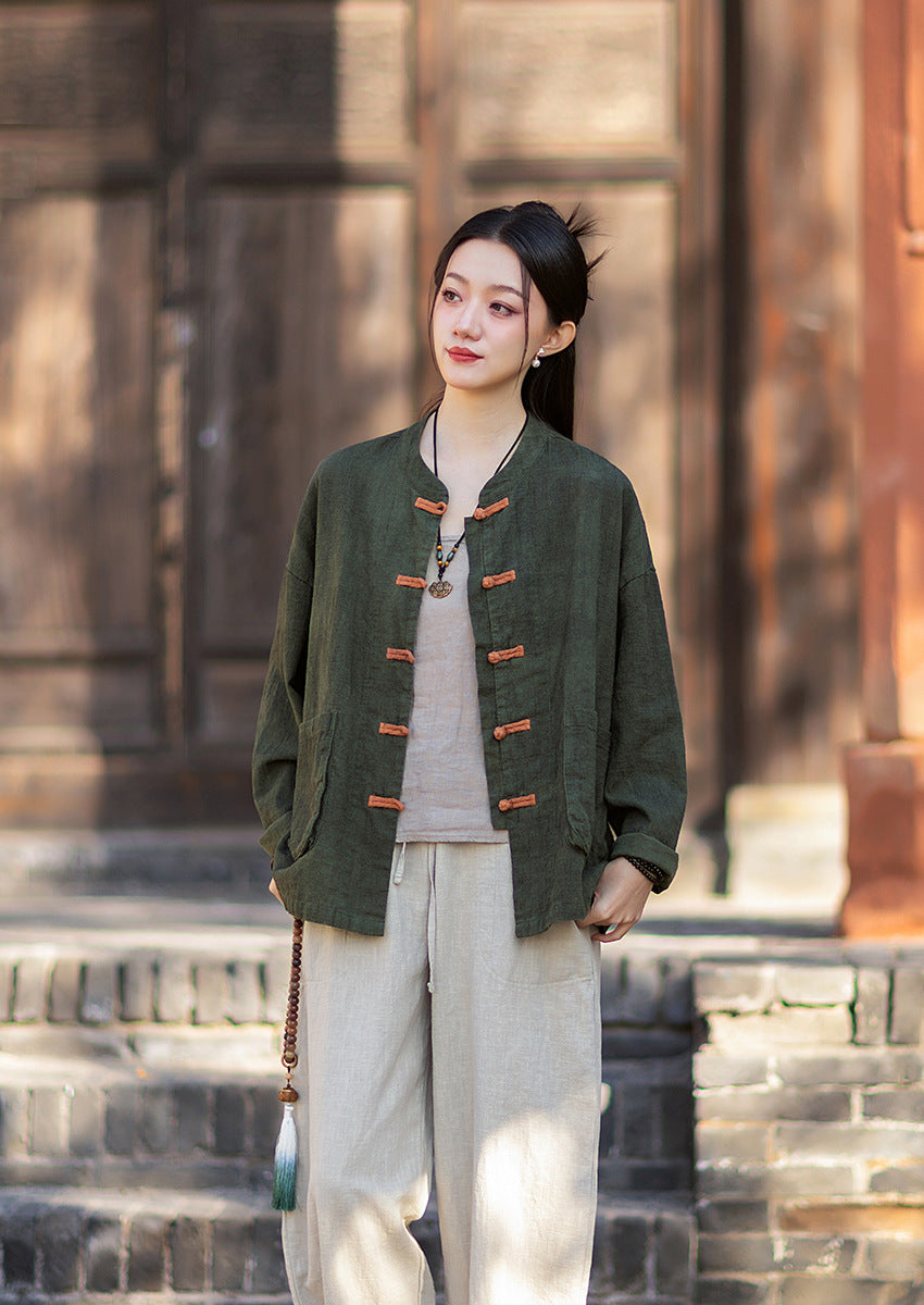 2026 Spring New Arrival: Vintage-inspired, distressed, sand-washed asymmetrical top; niche-style patchwork V-neck cotton-linen button-down cardigan