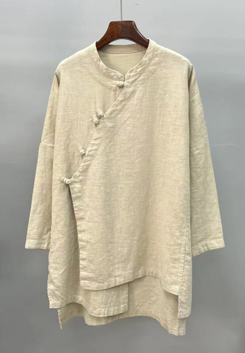 Women's Vintage Chinese Frog Button Long Sleeve Cotton Linen Shirt, Embroidery Standing Collar Splicing Irregular Loose Blouse 20240920