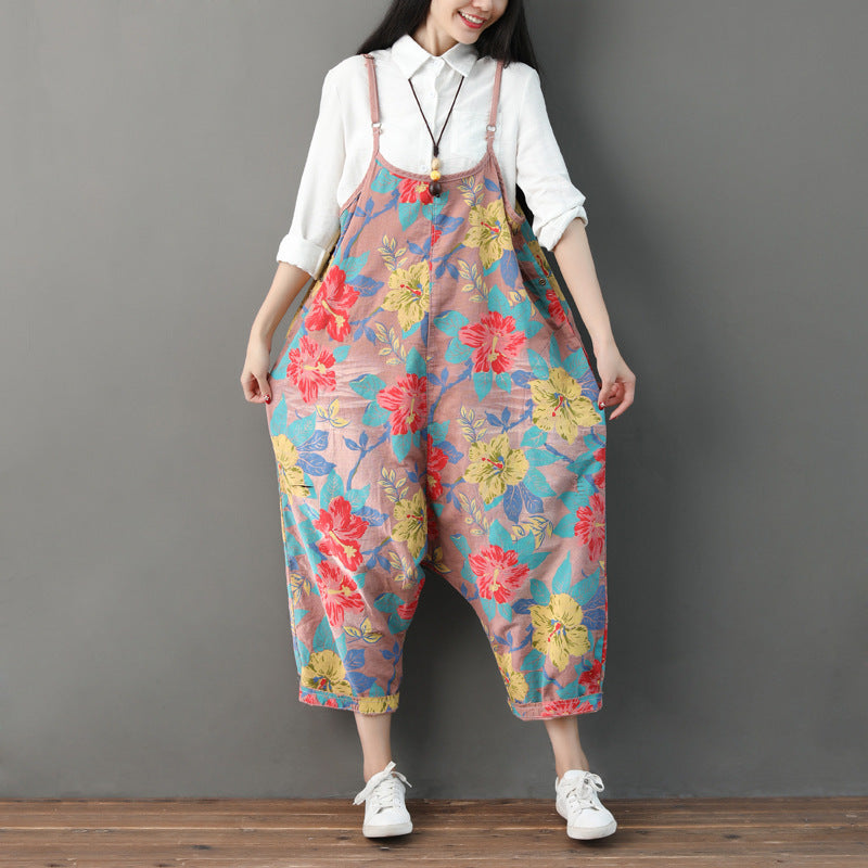 Printed floral cotton overalls, women's denim overalls, stonewashed loose overalls