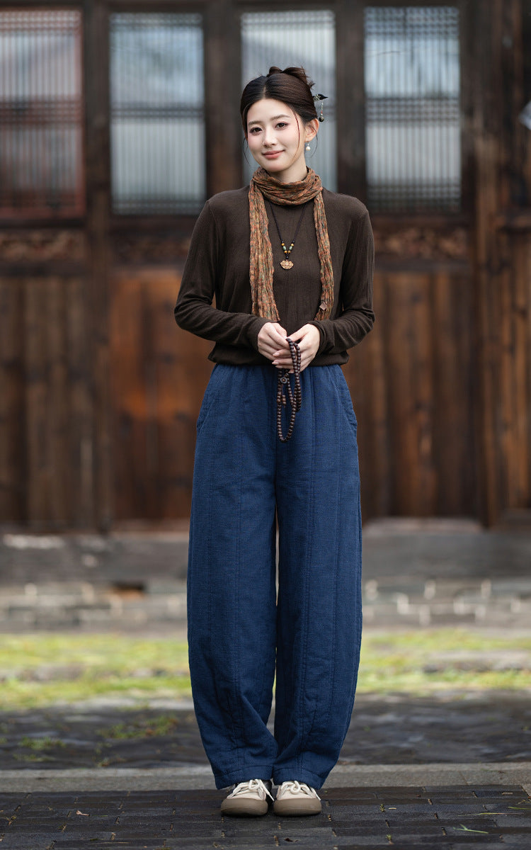 2026 Winter New Original Cotton-Linen Women's Retro, Versatile, Slimming, Elastic-Waist, Loose-Fitting, Casual, Patchwork Straight-Leg Pants