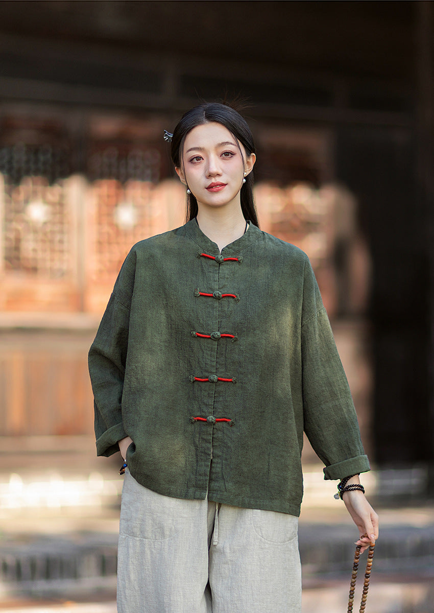 2026 Spring New Arrival: Chinese-Style Retro Double-Breasted Color-Blocked Button-Down Shirt, Women's Modernized Stand-Up Collar Ombre-Dye Tang-Style Cardigan