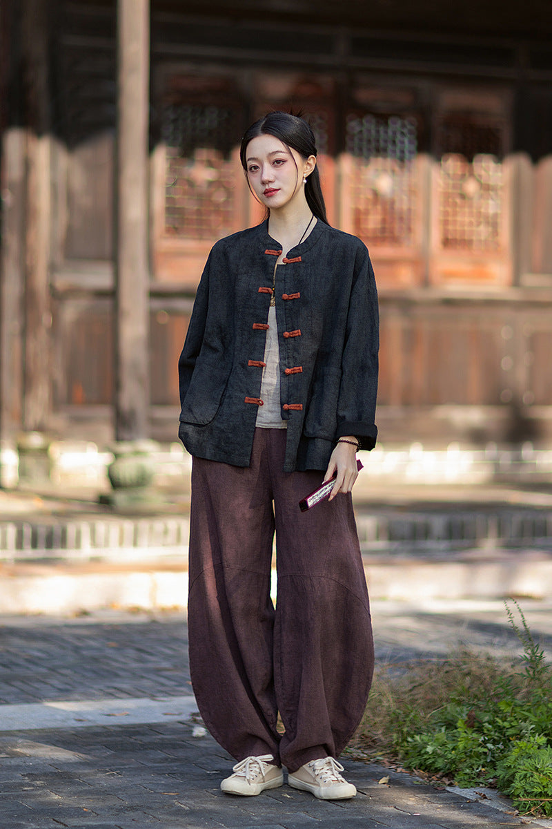 2026 Spring New Arrival: Vintage-inspired, distressed, sand-washed asymmetrical top; niche-style patchwork V-neck cotton-linen button-down cardigan