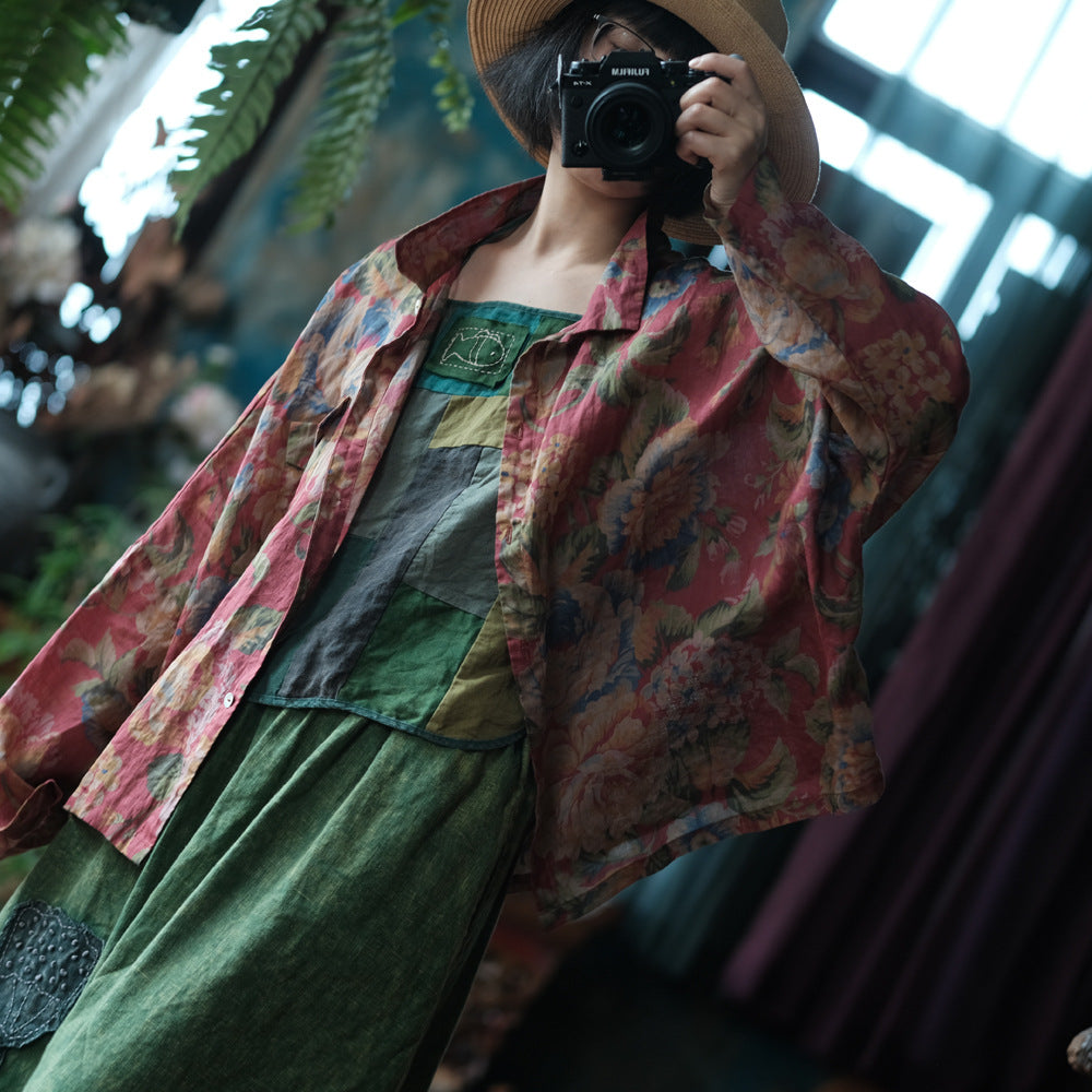 Vintage Digital Printed Pure Ramie Shirt, Summer Loose Casual Shirt 240621