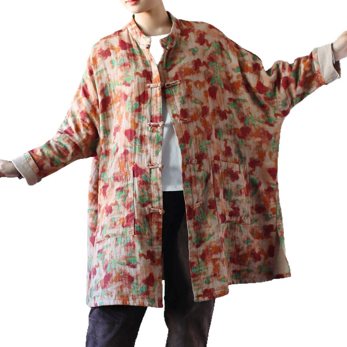 Vintage Chinese Standing Collar Loose Frog Button Shirt, Oversize Printed Cotton  Linen Jacket 20250408